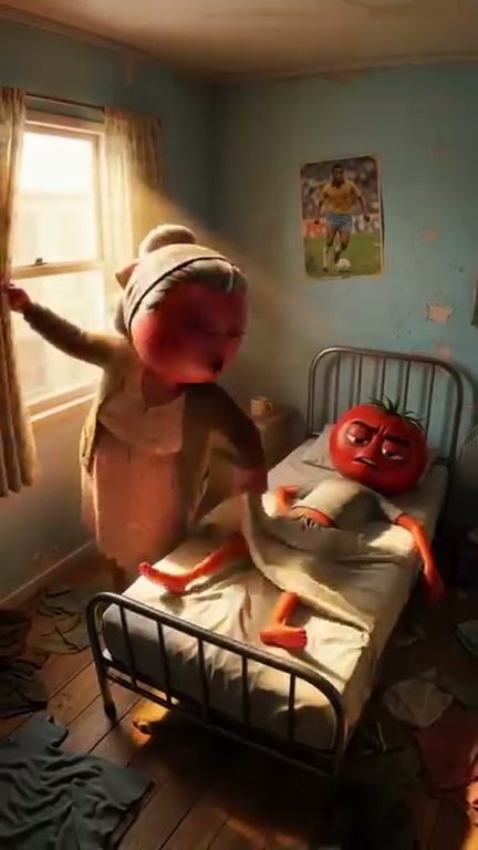 Cena de novelinha: tomate doente na cama e a mãe na janela